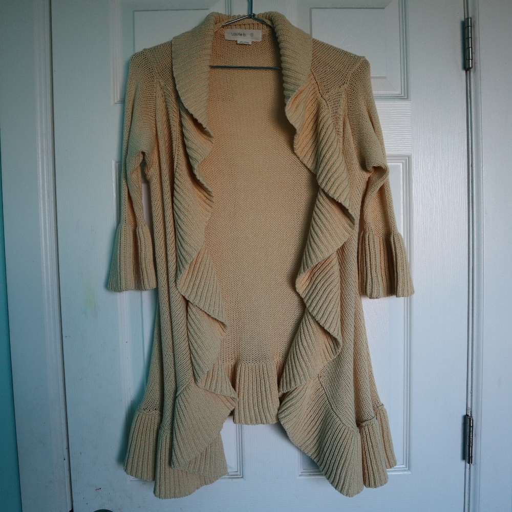 Laurie b. Small S 100% Cotton Ruffle Duster pale Yellow Cardigan Knitted Crochet